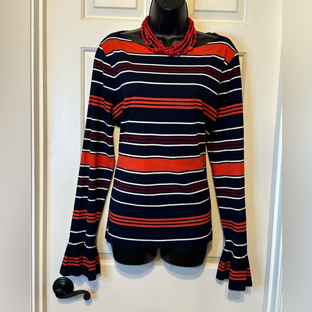 SG20-Lauren Ralph Lauren Fitted Ribbed Blouse Red and Blue w/ruffle sleeves